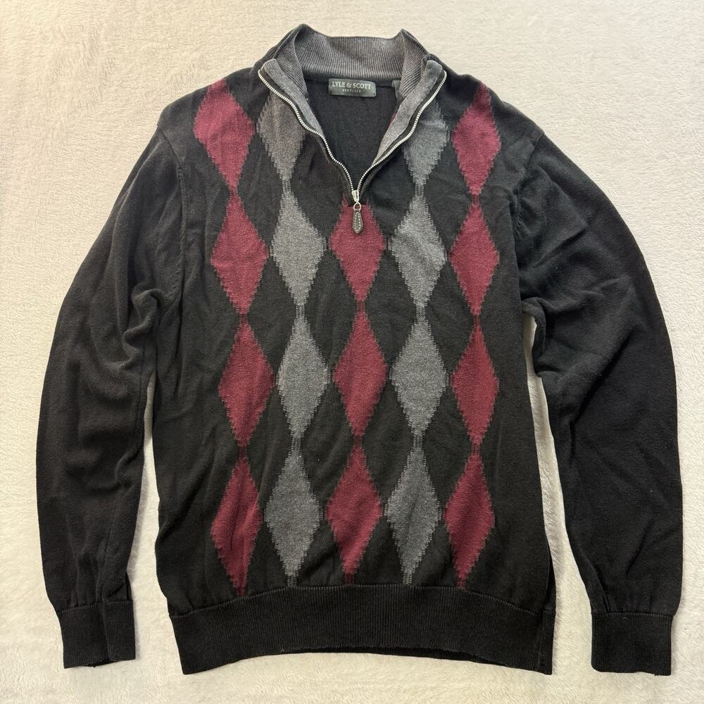 LYLE & SCOTT SCOTLAND MENS 1/4 ZIP LONG SLEEVE GRAY SWEATER Medium Argyle Tencel